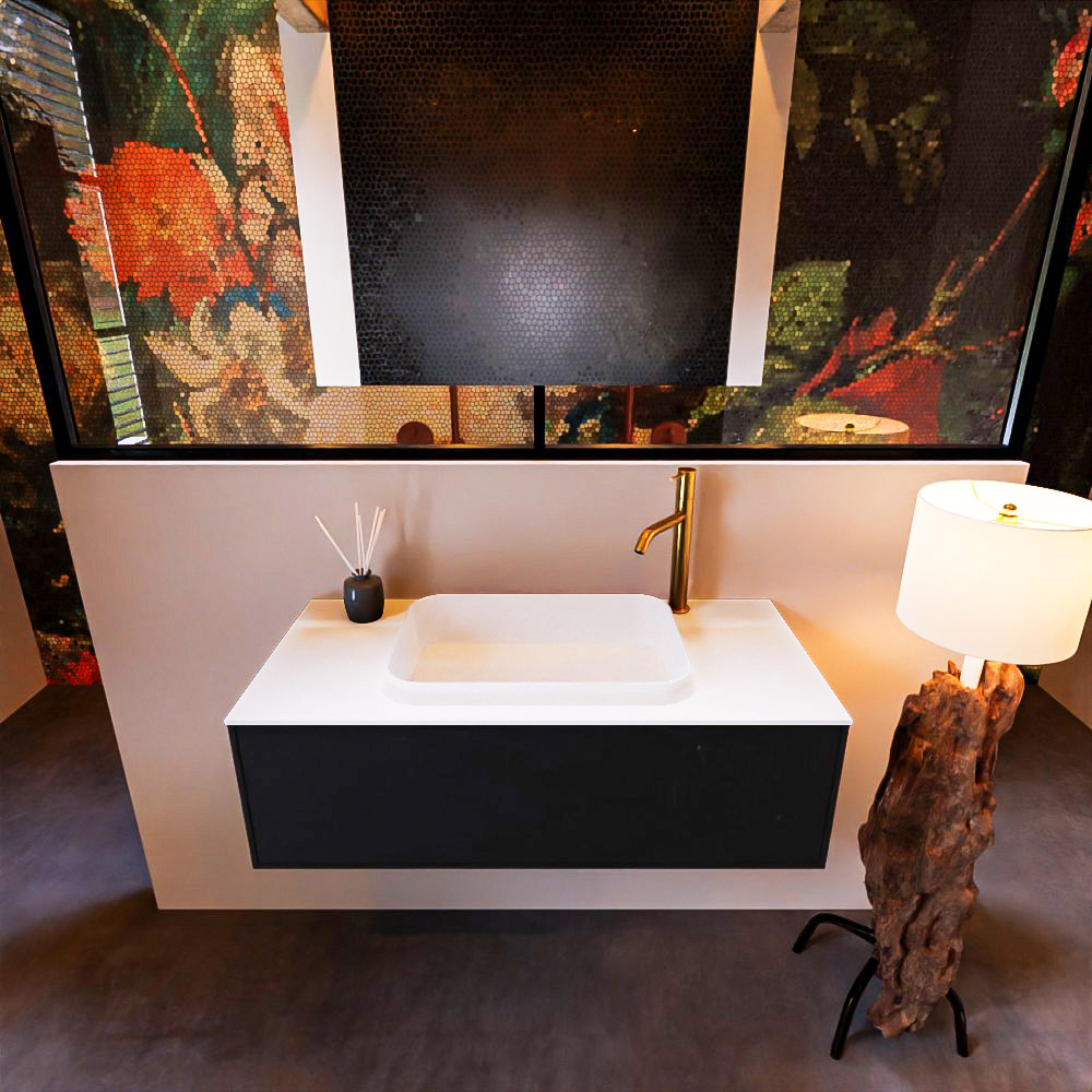 Badkamermeubelset Mondiaz Erin 100 cm met 1 Lade met RIDGE Wastafel Midden Talc met 1 kraangat Greeploos Mat Urban