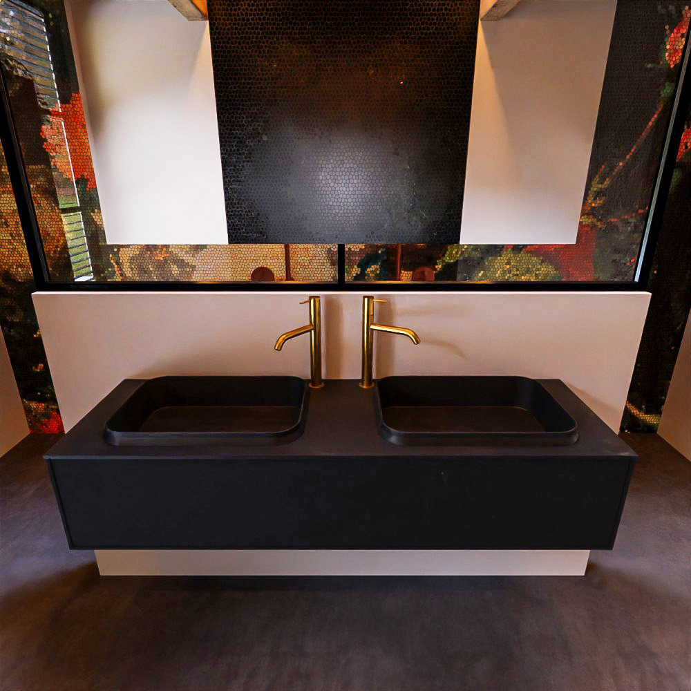 Badkamermeubelset Mondiaz Erin 150 cm met 1 Lade met RIDGE Wastafel Dubbel Urban met 2 kraangaten Greeploos Mat Urban