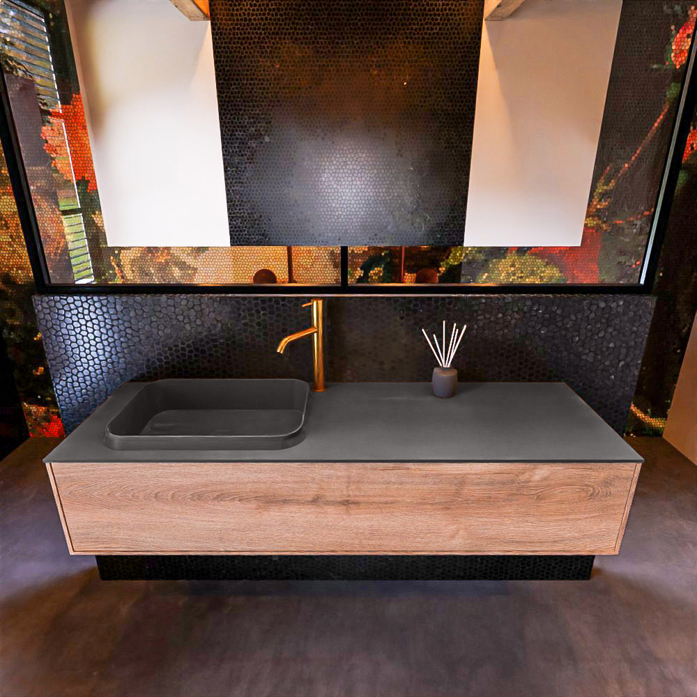 Badkamermeubelset Mondiaz Erin 150 cm met 1 Lade met RIDGE Wastafel Links Dark grey met 1 kraangat Greeploos Mat Washed Oak