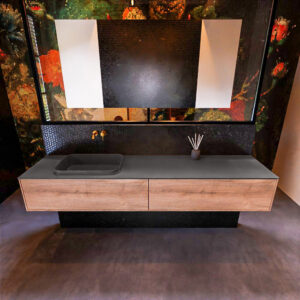 Badkamermeubelset Mondiaz Erin 200 cm met 2 Lades met RIDGE Wastafel Links Dark grey Zonder Kraangaten Greeploos Mat Washed Oak