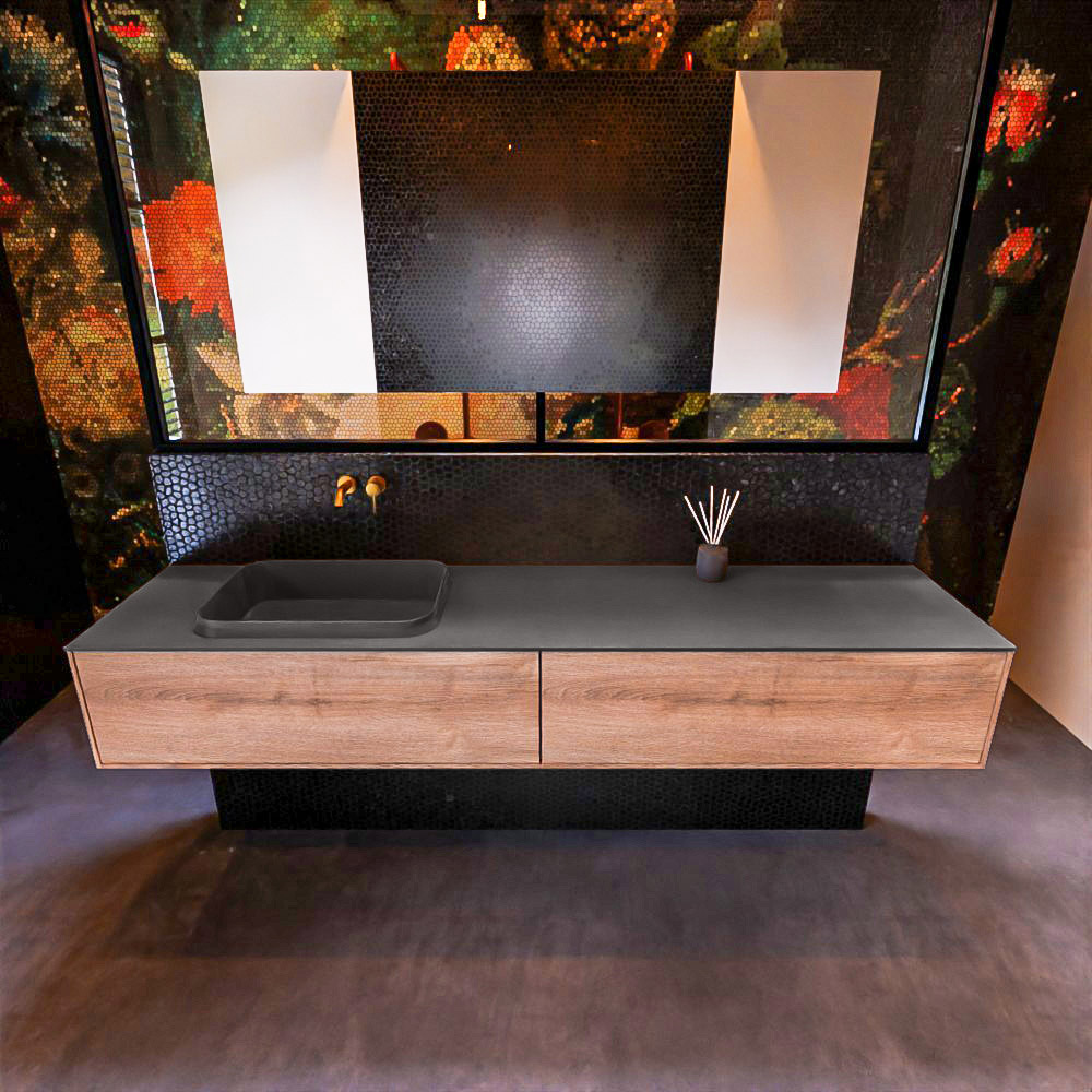 Badkamermeubelset Mondiaz Erin 200 cm met 2 Lades met RIDGE Wastafel Links Dark grey Zonder Kraangaten Greeploos Mat Washed Oak