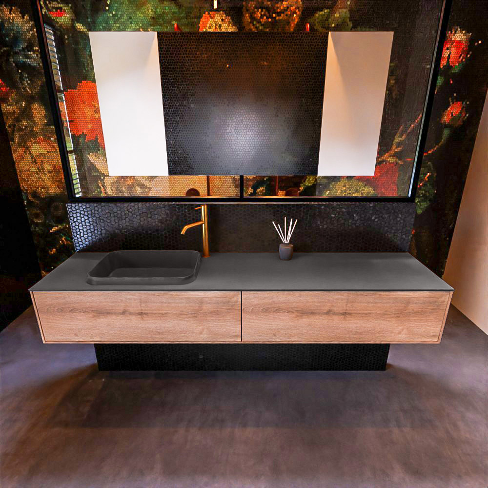 Badkamermeubelset Mondiaz Erin 200 cm met 2 Lades met RIDGE Wastafel Links Dark grey met 1 kraangat Greeploos Mat Washed Oak