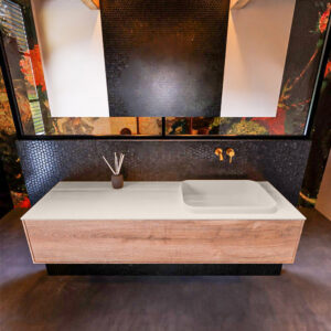 Badkamermeubelset Mondiaz Erin 150 cm met 1 Lade met RIDGE Wastafel Rechts Linen Zonder Kraangaten Greeploos Mat Washed Oak