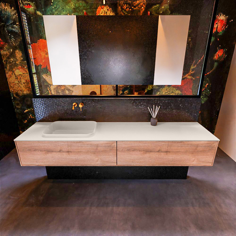 Badkamermeubelset Mondiaz Erin 200 cm met 2 Lades met RIDGE Wastafel Links Linen Zonder Kraangaten Greeploos Mat Washed Oak