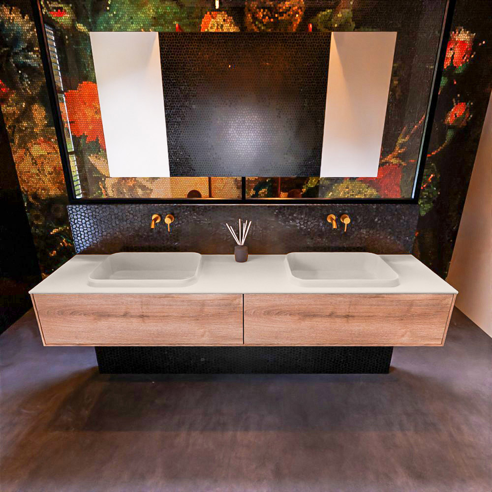 Badkamermeubelset Mondiaz Erin 200 cm met 2 Lades met RIDGE Wastafel Dubbel Linen Zonder Kraangaten Greeploos Mat Washed Oak