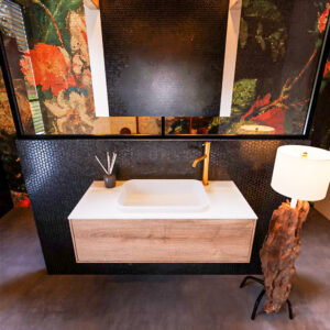 Badkamermeubelset Mondiaz Erin 100 cm met 1 Lade met RIDGE Wastafel Midden Talc met 1 kraangat Greeploos Mat Washed Oak