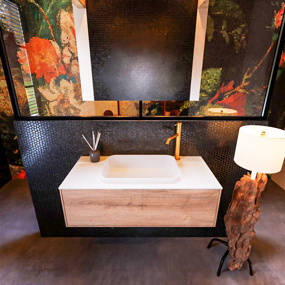 Badkamermeubelset Mondiaz Erin 100 cm met 1 Lade met RIDGE Wastafel Midden Talc met 1 kraangat Greeploos Mat Washed Oak