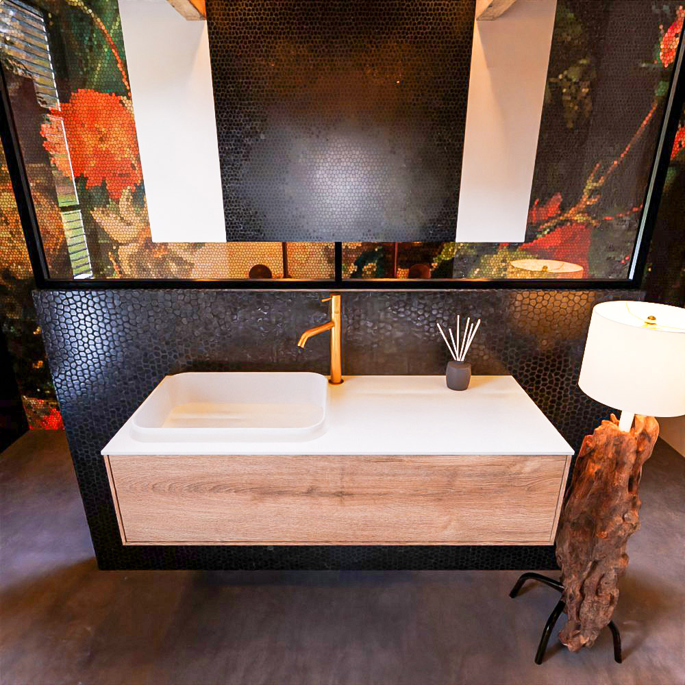 Badkamermeubelset Mondiaz Erin 120 cm met 1 Lade met RIDGE Wastafel Links Talc met 1 kraangat Greeploos Mat Washed Oak