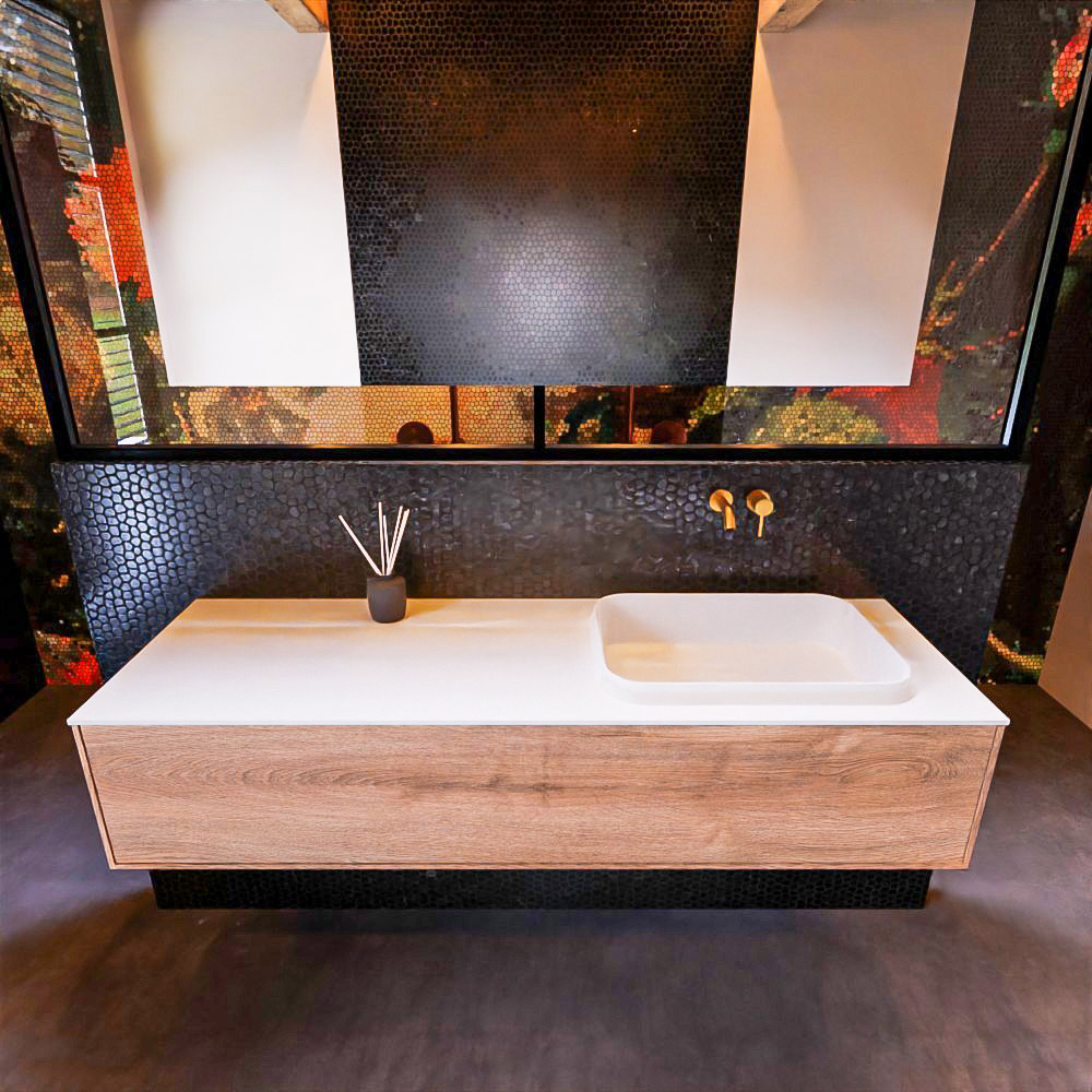 Badkamermeubelset Mondiaz Erin 150 cm met 1 Lade met RIDGE Wastafel Rechts Talc Zonder Kraangaten Greeploos Mat Washed Oak