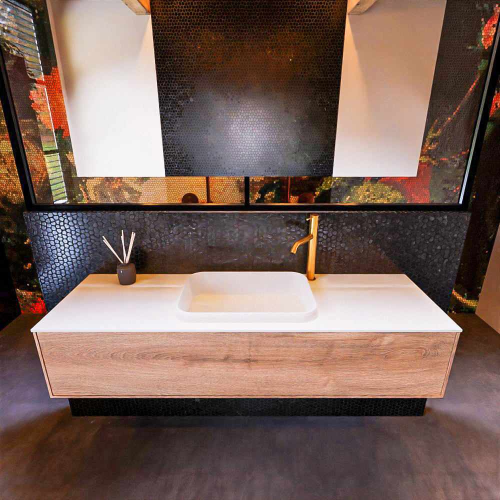 Badkamermeubelset Mondiaz Erin 150 cm met 1 Lade met RIDGE Wastafel Midden Talc met 1 kraangat Greeploos Mat Washed Oak