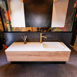 Badkamermeubelset Mondiaz Erin 150 cm met 1 Lade met RIDGE Wastafel Rechts Talc met 1 kraangat Greeploos Mat Washed Oak