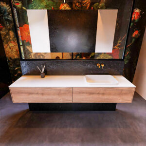 Badkamermeubelset Mondiaz Erin 200 cm met 2 Lades met RIDGE Wastafel Rechts Talc Zonder Kraangaten Greeploos Mat Washed Oak