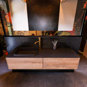 Badkamermeubelset Mondiaz Erin 150 cm met 2 Lades met RIDGE Wastafel Links Urban met 1 kraangat Greeploos Mat Washed Oak