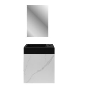 Fonteinset BWS Sona Fonteinkast Wit Marmer Wastafel Mat Zwart en Spiegel Met Omlijsting