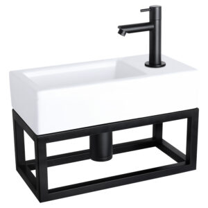 Fonteinset Differnz Helios Met Handoekrek 37.5x18.5x9.5 cm Keramiek Wit Met Rechte Kraan Rechts Mat Zwart