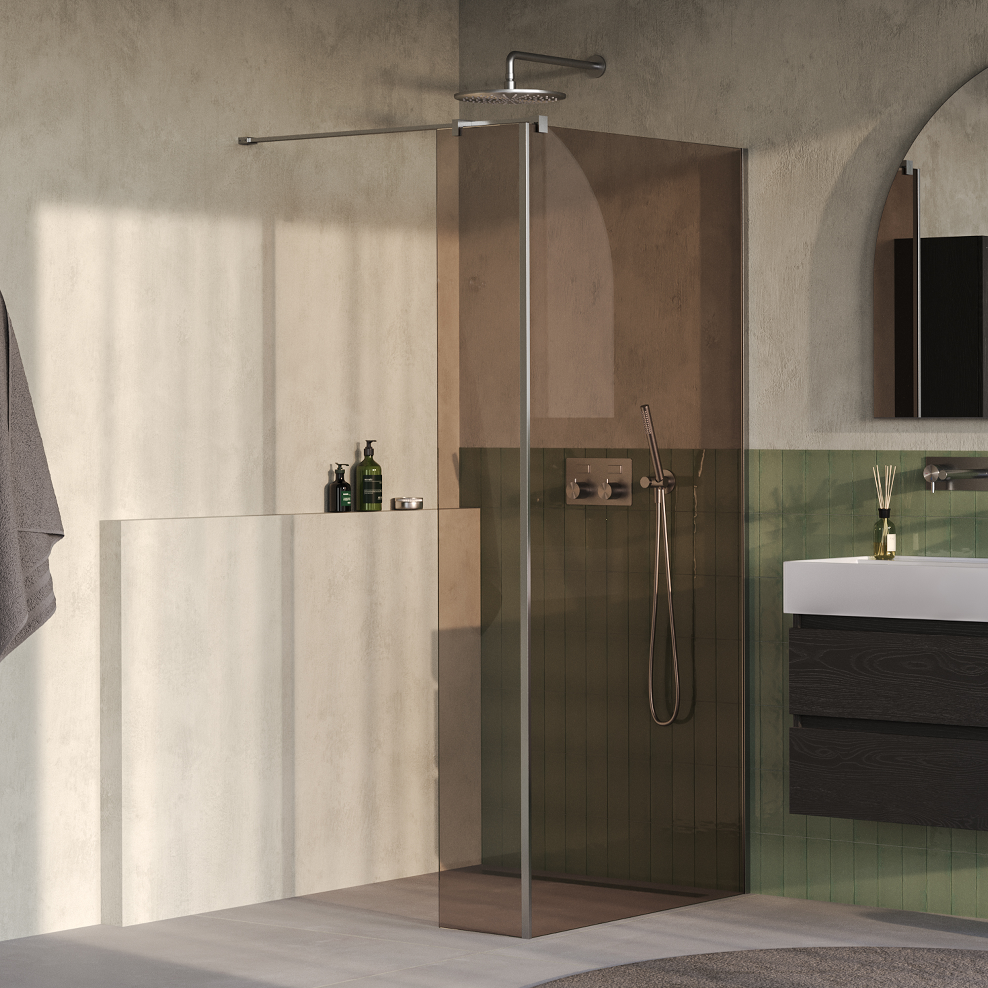 BRAUER Oblivion inloopdouche brons glas 90x200 met zijwand 30 incl. glascoating PVD RVS-kleurig geborsteld