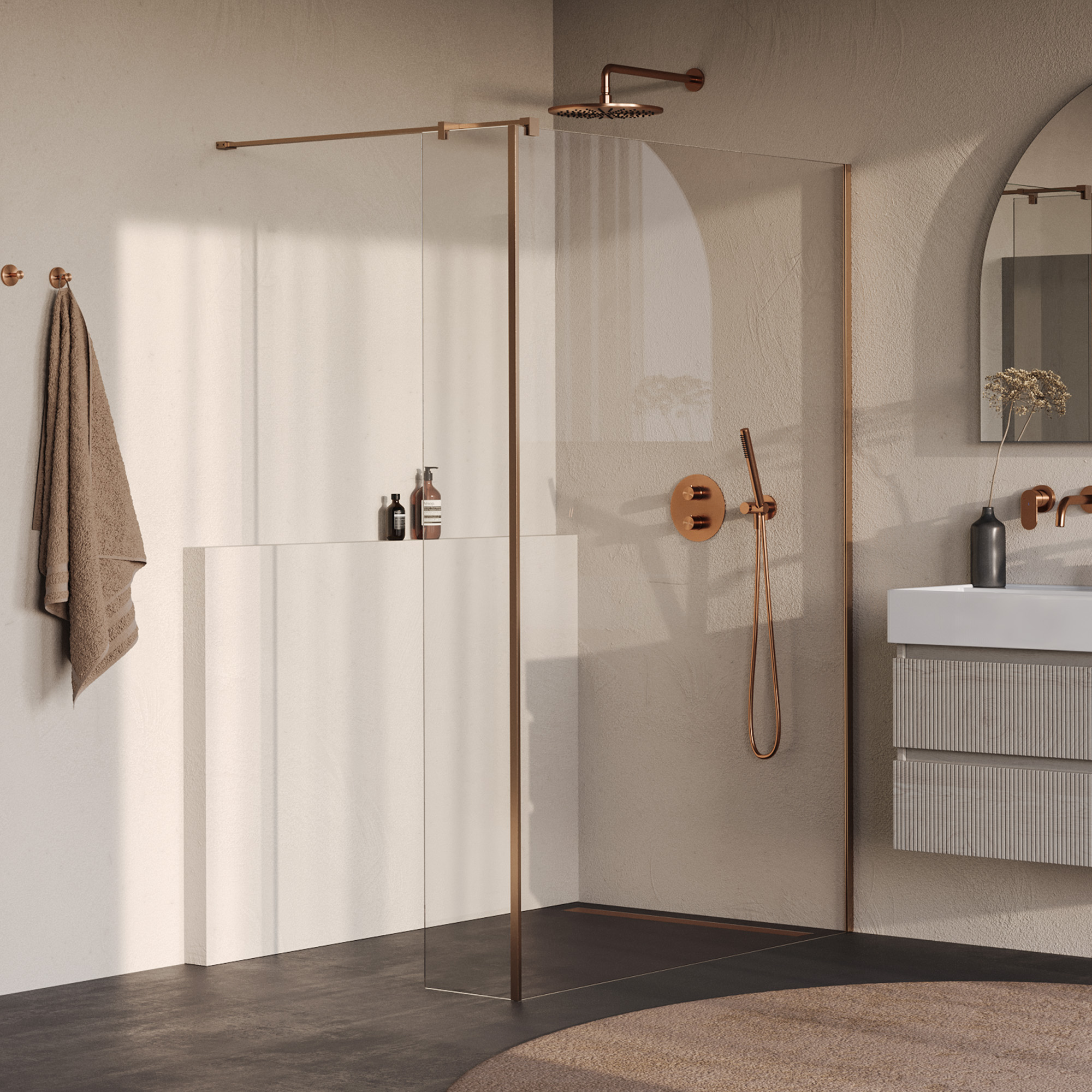 BRAUER Oblivion inloopdouche helder glas 130x200 met zijwand 30 incl. glascoating PVD koper geborsteld