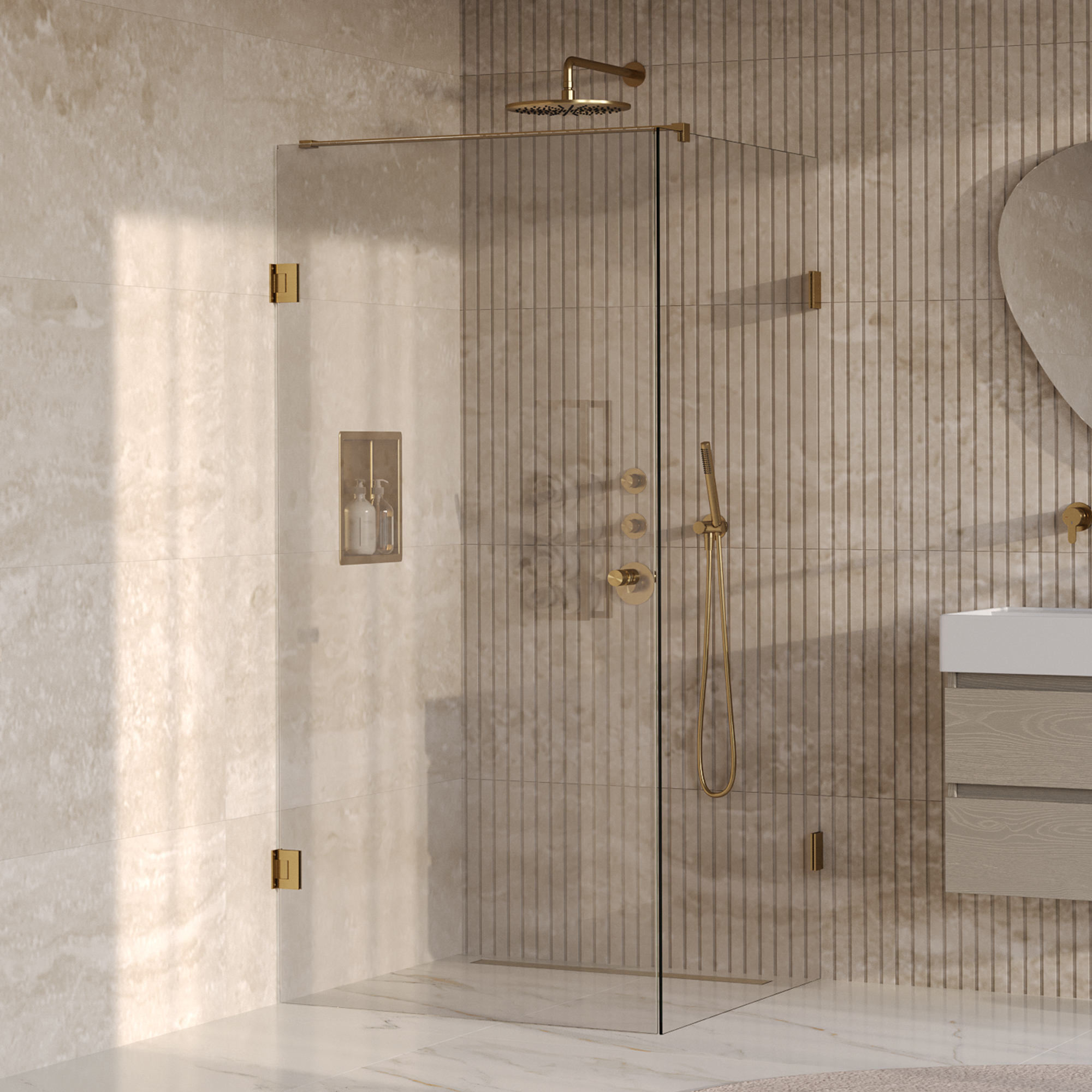 BRAUER Void Carving douchecabine met draaideur helder glas 100x100x200 incl. glascoating PVD goud geborsteld