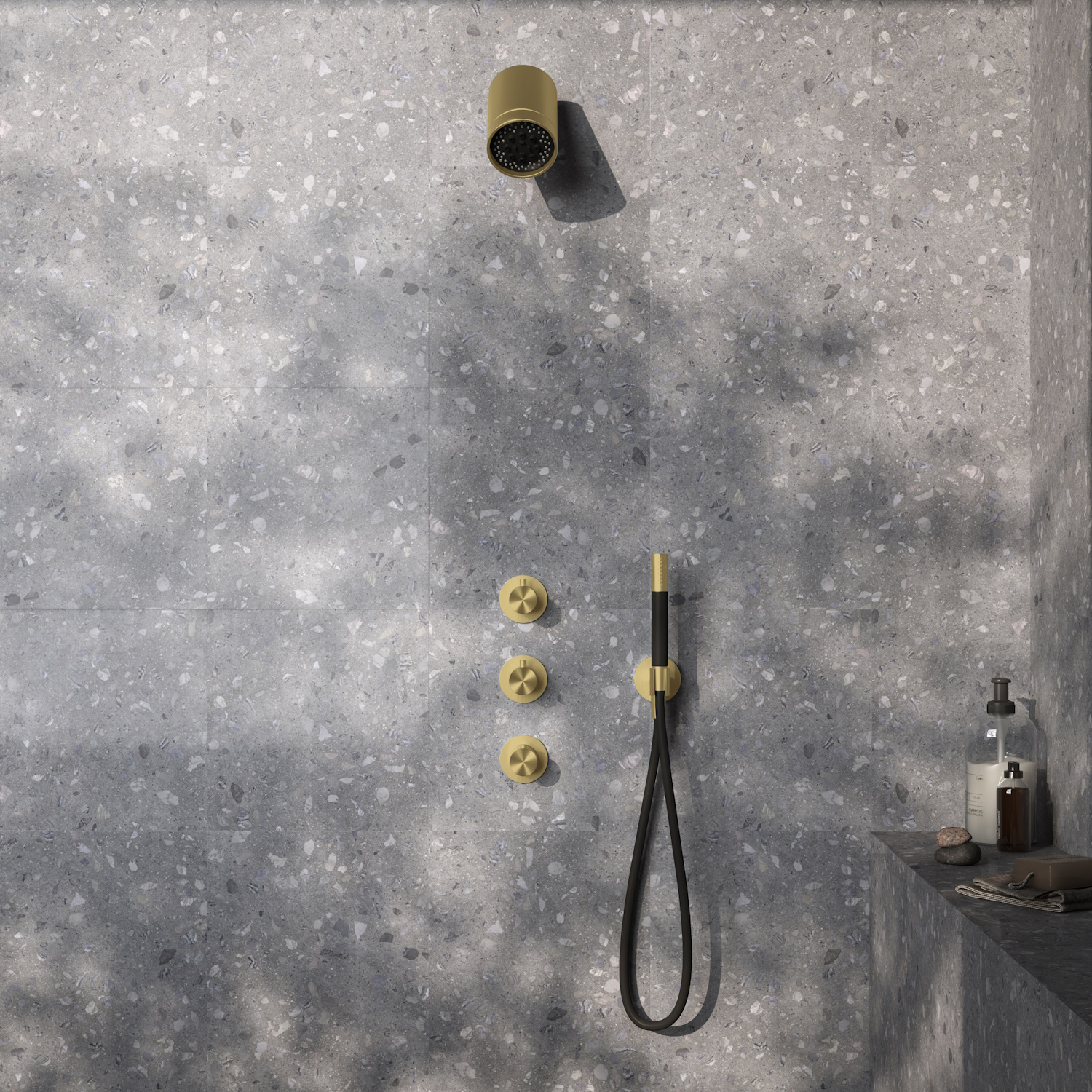 Complete Thermostatische Douche InBouwSet Hotbath Archie Met 2 stopkranen En Beam Geborsteld Messing PVD