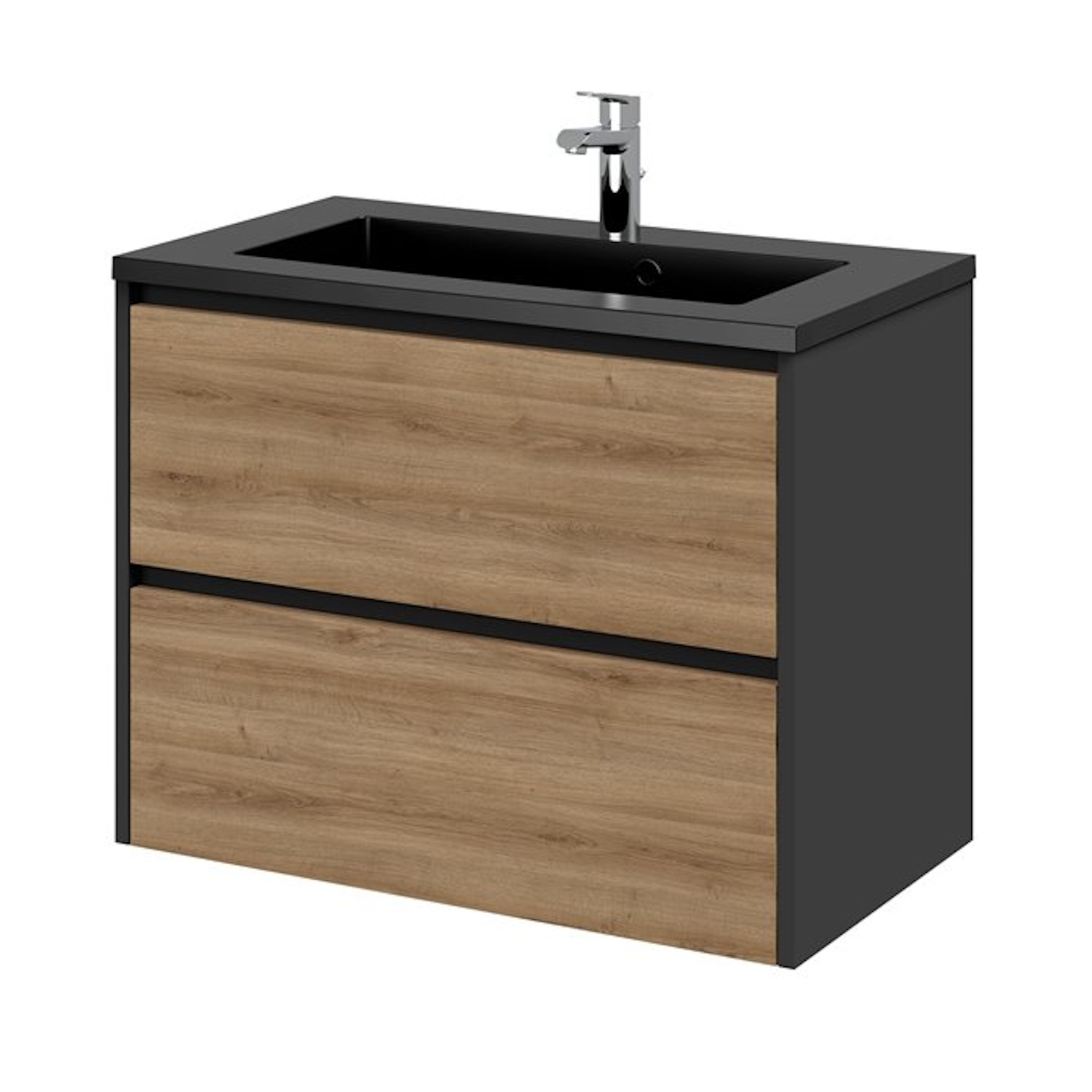 Tiger Reverse Meubelset 80 cm met 2 lades Chalet eik - Mat zwart incl Quadro wastafel Mat zwart - 800319