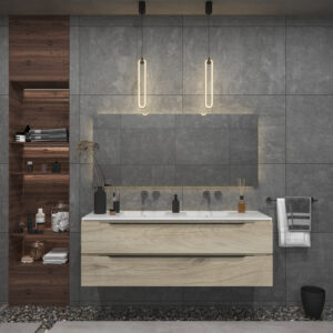 Badkamermeubelset Gliss Design Hera Mat Zwart 180cm 4 Laden Licht Grijs Eiken (Keuze Wastafel)