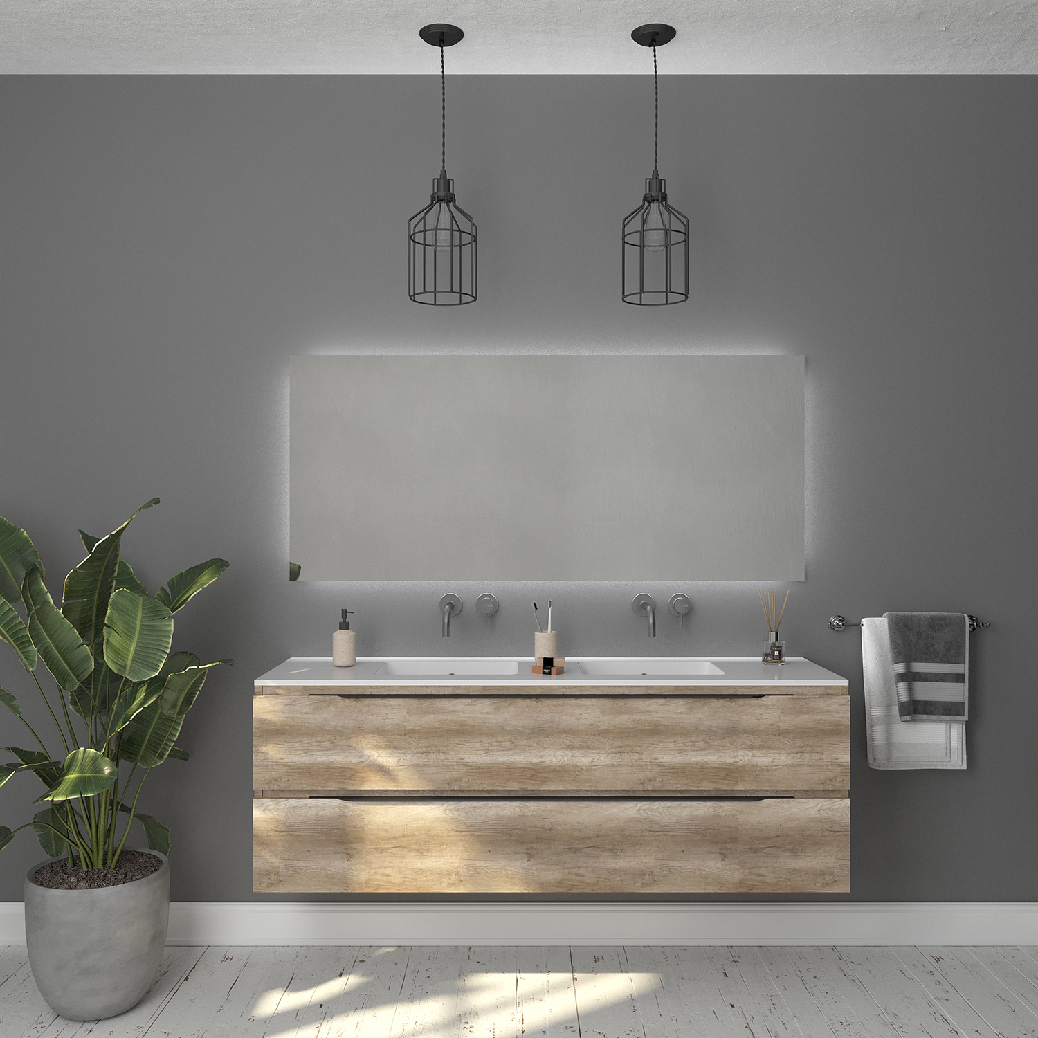 Badkamermeubelset Gliss Design Hera Mat Zwart 140cm 4 Laden Oud Grijs Eiken (Keuze Wastafel)