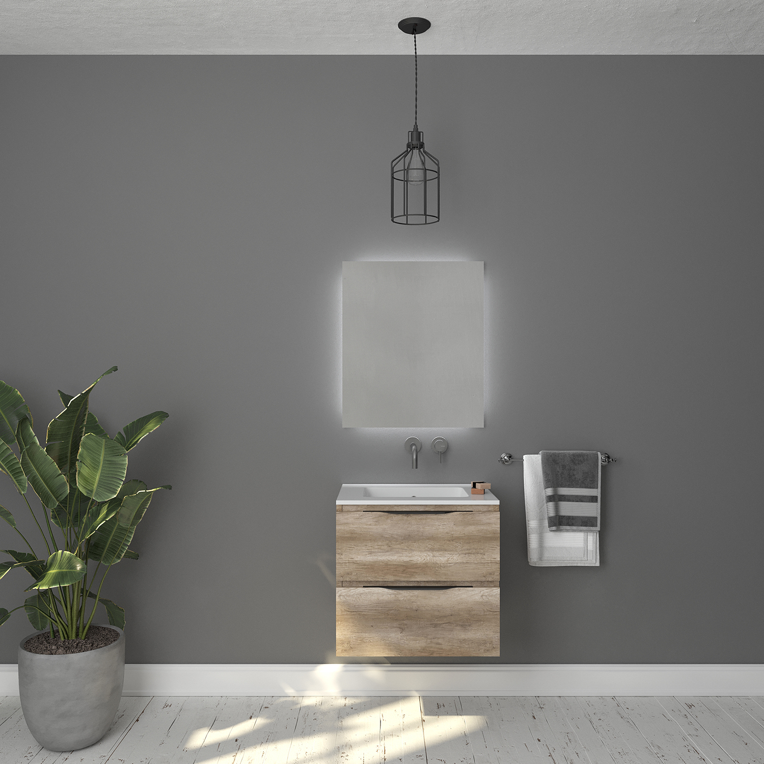 Badkamermeubelset Gliss Design Hera Mat Zwart 80cm 2 Laden Oud Grijs Eiken (Keuze Wastafel)