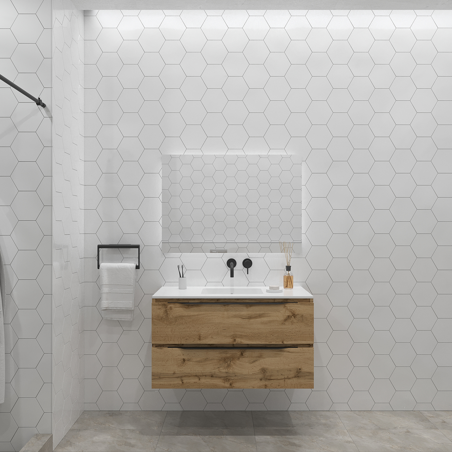 Badkamermeubelset Gliss Design Hera Mat Zwart 100cm 2 Laden Rustiek Eiken (Keuze Wastafel)