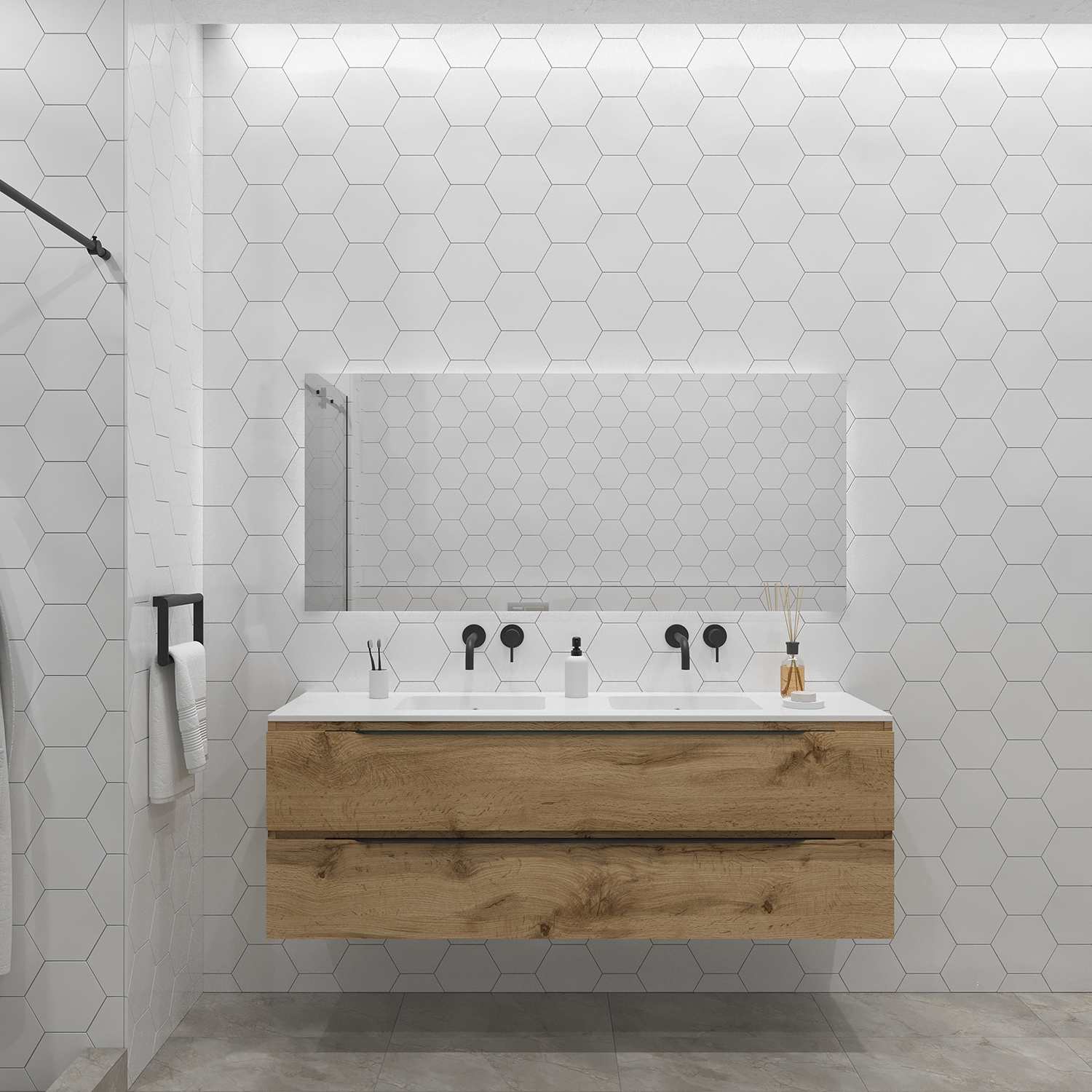 Badkamermeubelset Gliss Design Hera Mat Zwart 200cm 4 Laden Rustiek Eiken (Keuze Wastafel)