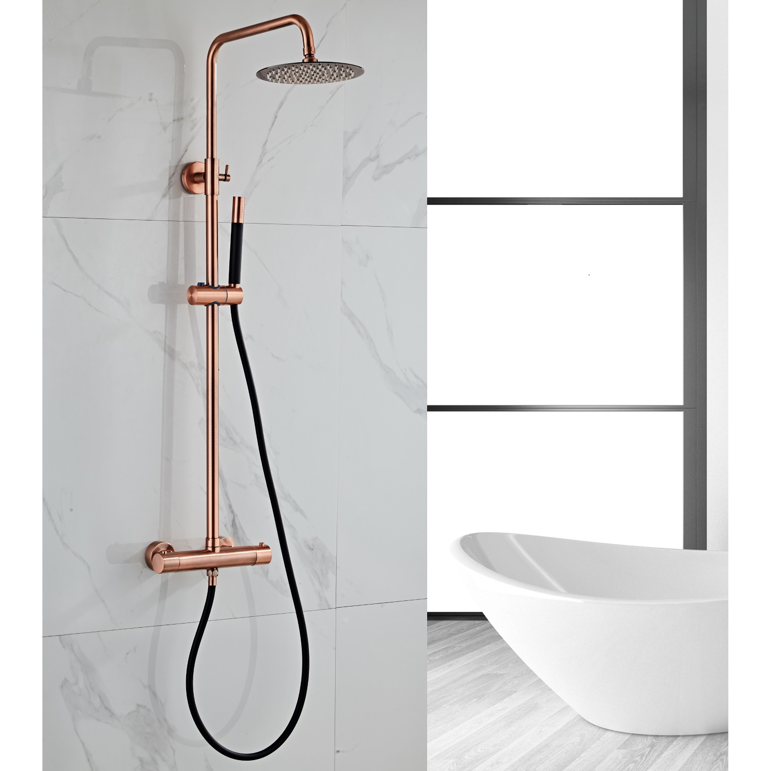 Opbouw Regendouche Set BWS Copper Pro Thermostatisch Staaf Handdouche Geborsteld Koper 30 cm