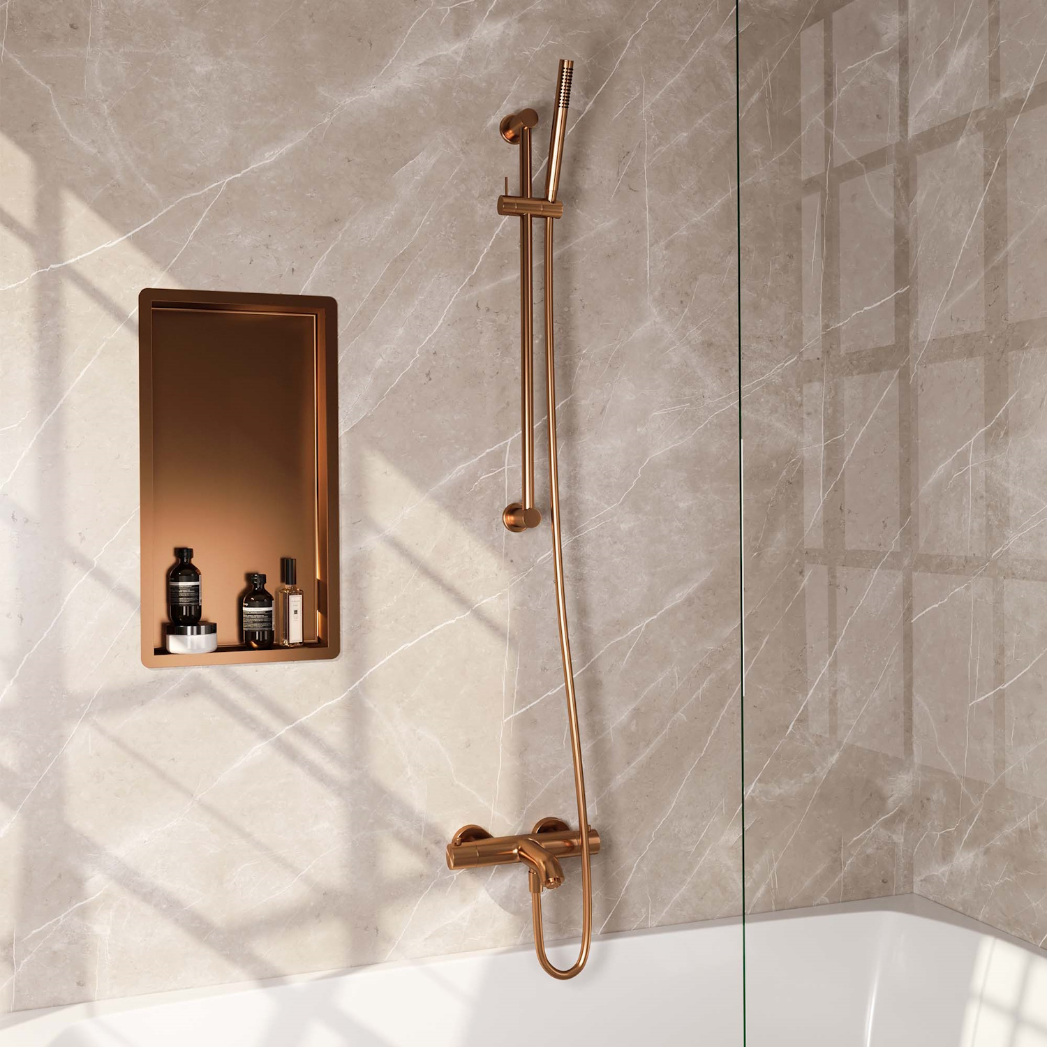 Opbouwset Bad- en Douchekraan Brauer Copper Edition Thermostatisch Met Wandhouder En Handdouche 3 Standen Geborsteld Koper
