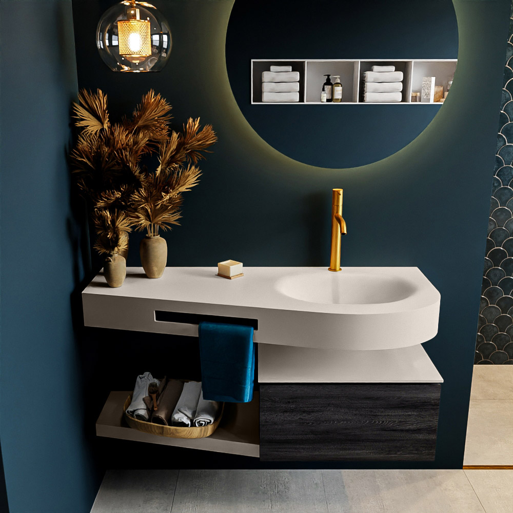 MONDIAZ RIVA 120cm badmeubel onderkast / planchet kleur Antracite met 1 lade. Wastafel DULCET rechts 1 kraangat kleur Linen.