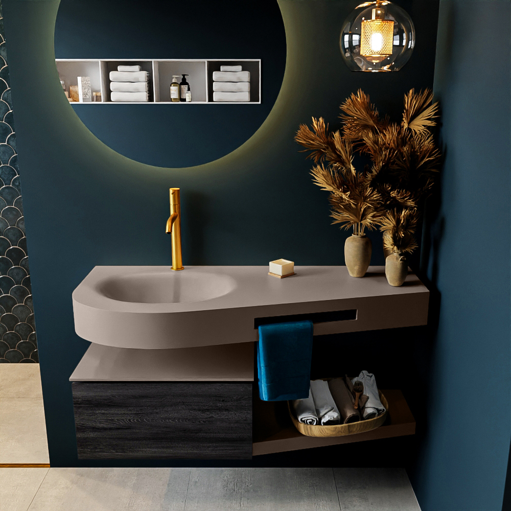 MONDIAZ RIVA 120cm badmeubel onderkast / planchet kleur Antracite met 1 lade. Wastafel DULCET links 1 kraangat kleur Smoke.