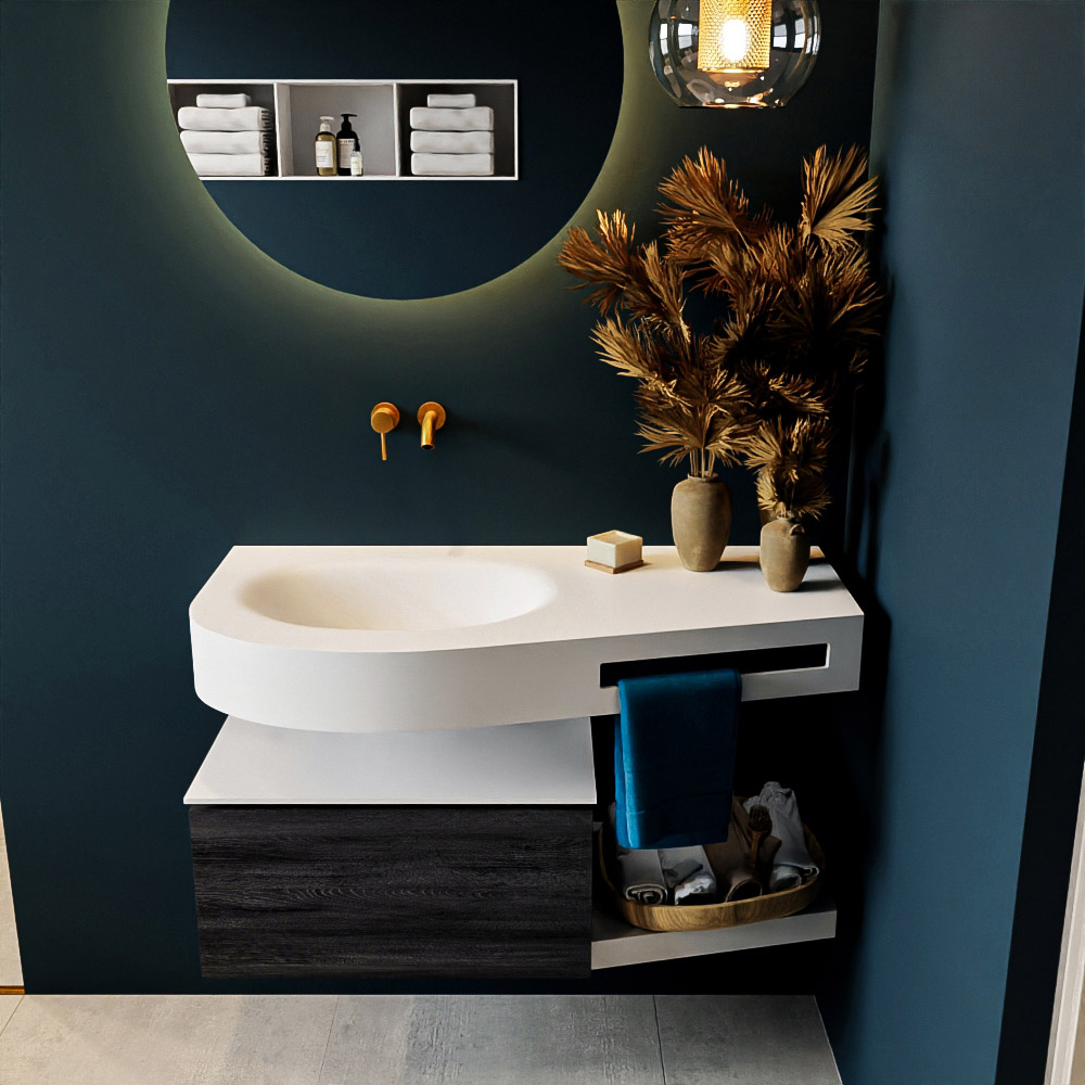 MONDIAZ RIVA 100cm badmeubel onderkast / planchet kleur Antracite met 1 lade. Wastafel DULCET links 0 kraangaten kleur Talc.