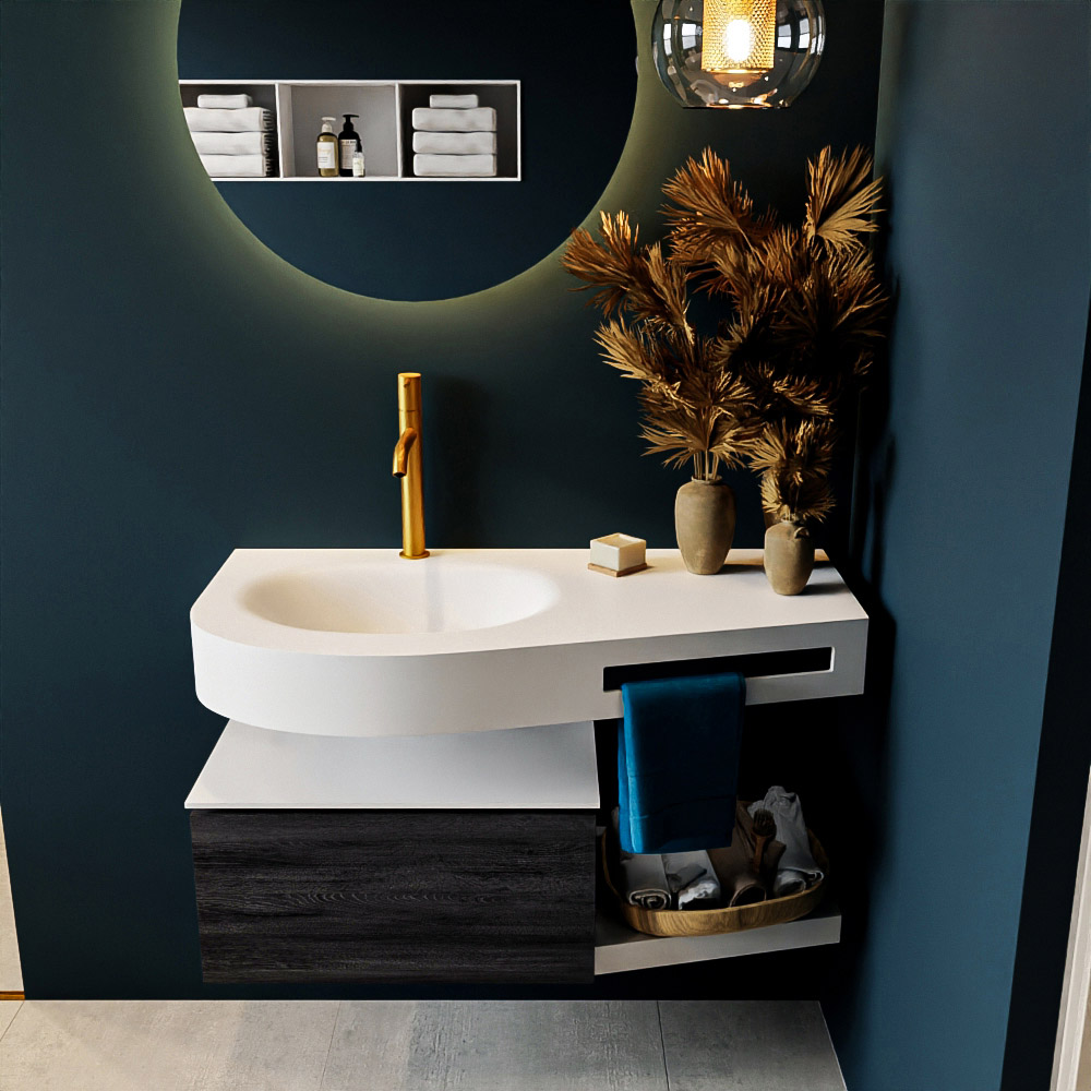 MONDIAZ RIVA 100cm badmeubel onderkast / planchet kleur Antracite met 1 lade. Wastafel DULCET links 1 kraangat kleur Talc.