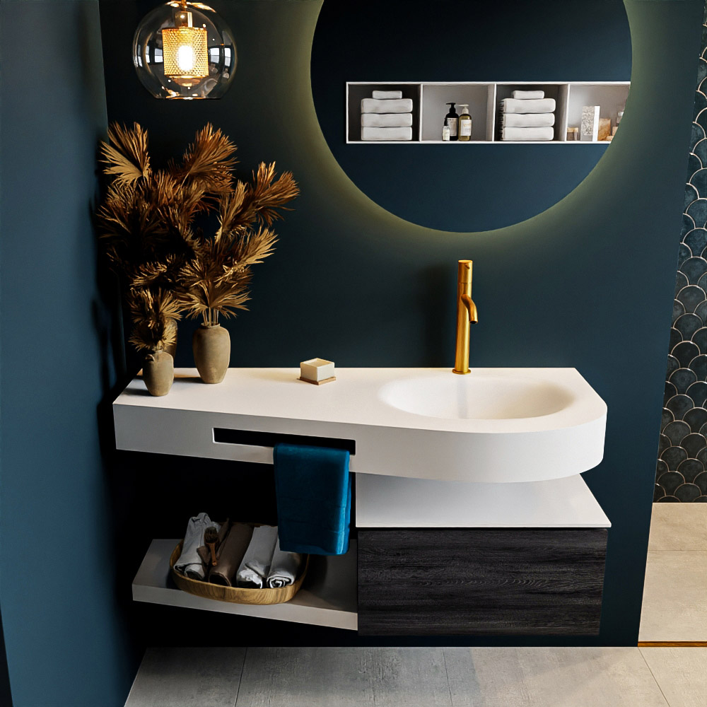 MONDIAZ RIVA 120cm badmeubel onderkast / planchet kleur Antracite met 1 lade. Wastafel DULCET rechts 1 kraangat kleur Talc.