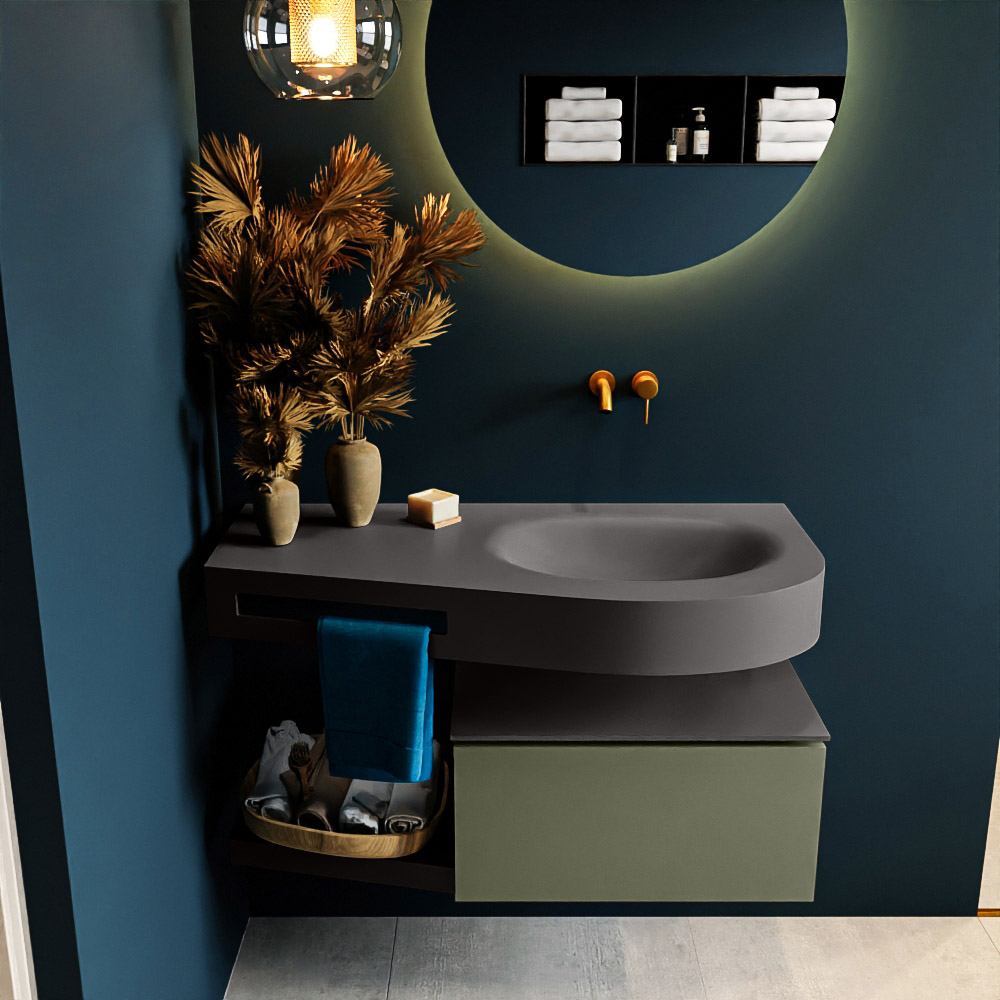 MONDIAZ RIVA 100cm badmeubel onderkast / planchet kleur Army met 1 lade. Wastafel DULCET rechts 0 kraangaten kleur Dark_Grey.