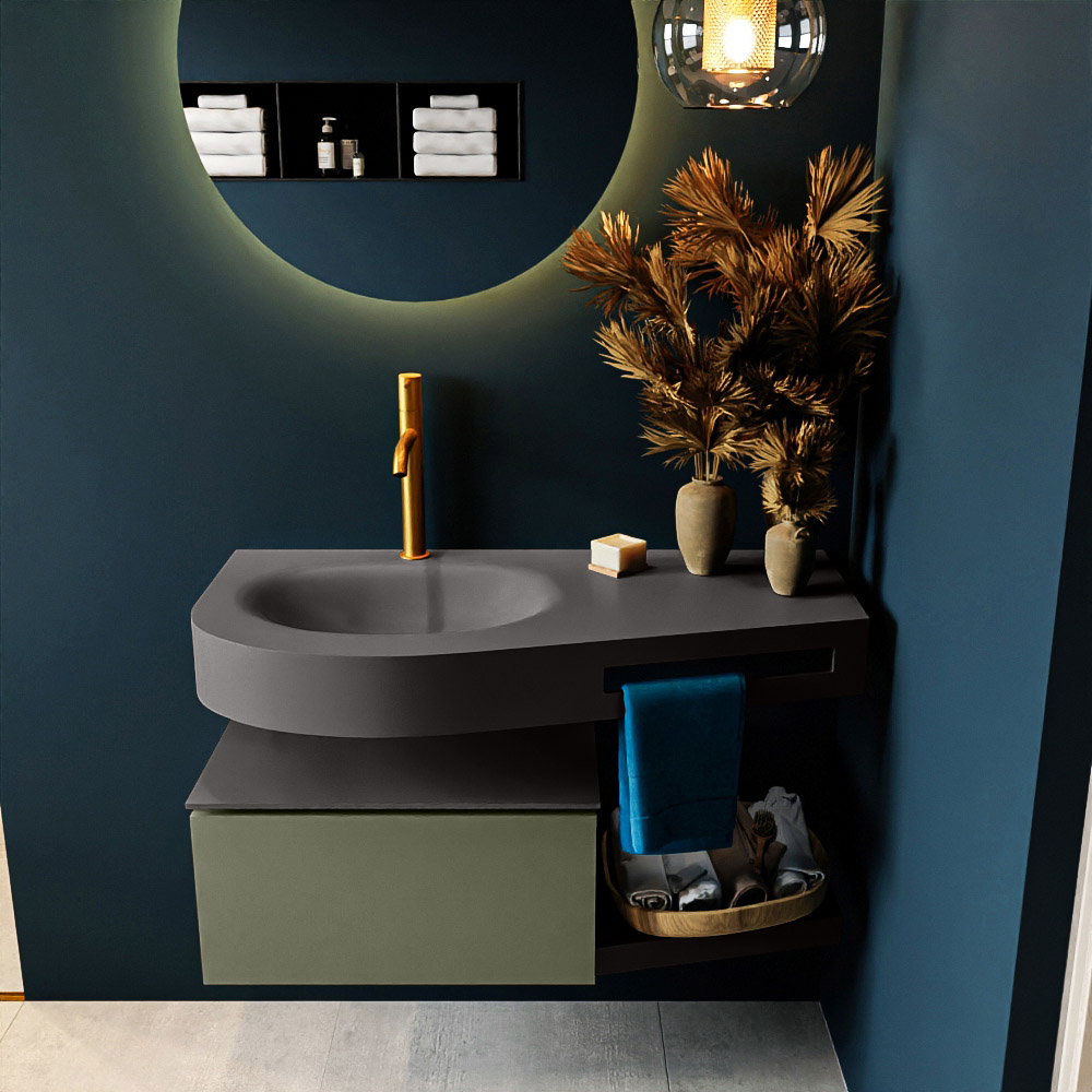 MONDIAZ RIVA 100cm badmeubel onderkast / planchet kleur Army met 1 lade. Wastafel DULCET links 1 kraangat kleur Dark_Grey.