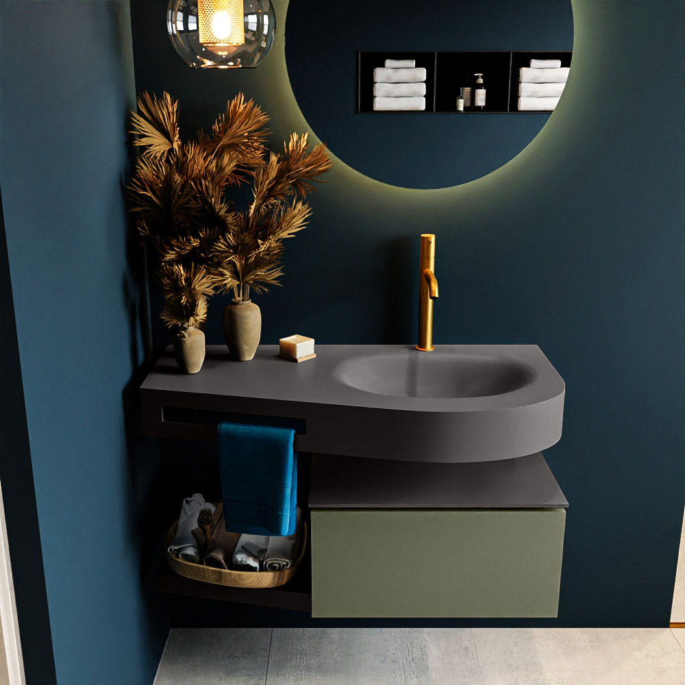MONDIAZ RIVA 100cm badmeubel onderkast / planchet kleur Army met 1 lade. Wastafel DULCET rechts 1 kraangat kleur Dark_Grey.