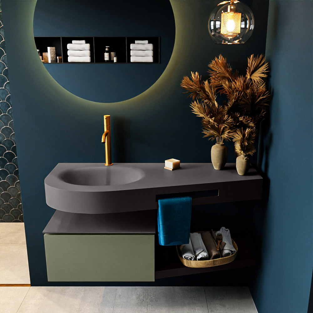 MONDIAZ RIVA 120cm badmeubel onderkast / planchet kleur Army met 1 lade. Wastafel DULCET links 1 kraangat kleur Dark_Grey.