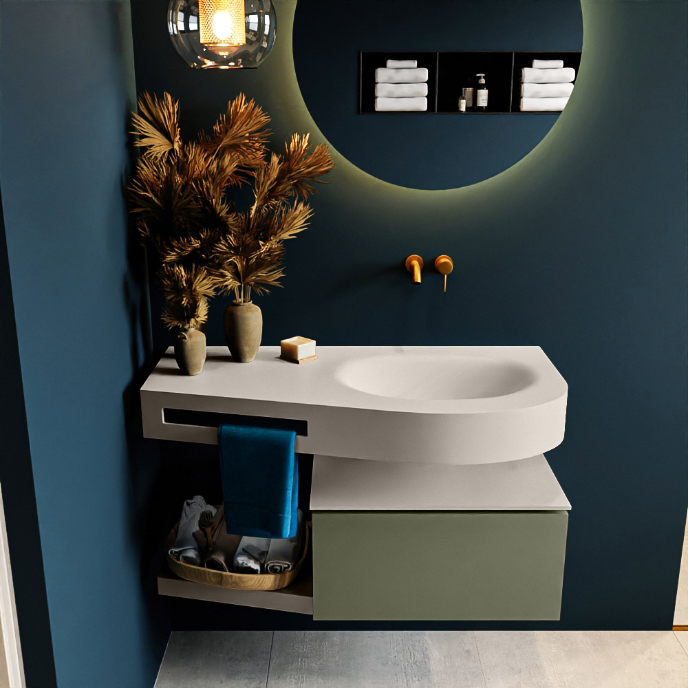 MONDIAZ RIVA 100cm badmeubel onderkast / planchet kleur Army met 1 lade. Wastafel DULCET rechts 0 kraangaten kleur Linen.