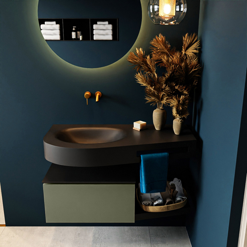 MONDIAZ RIVA 100cm badmeubel onderkast / planchet kleur Army met 1 lade. Wastafel DULCET links 0 kraangaten kleur Urban.