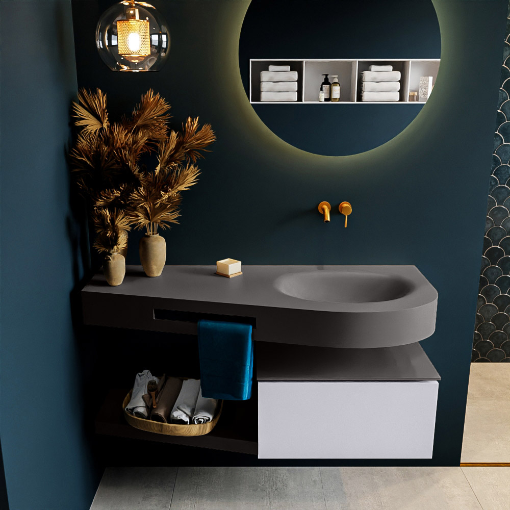 MONDIAZ RIVA 120cm badmeubel onderkast / planchet kleur Cale met 1 lade. Wastafel DULCET rechts 0 kraangaten kleur Dark_Grey.