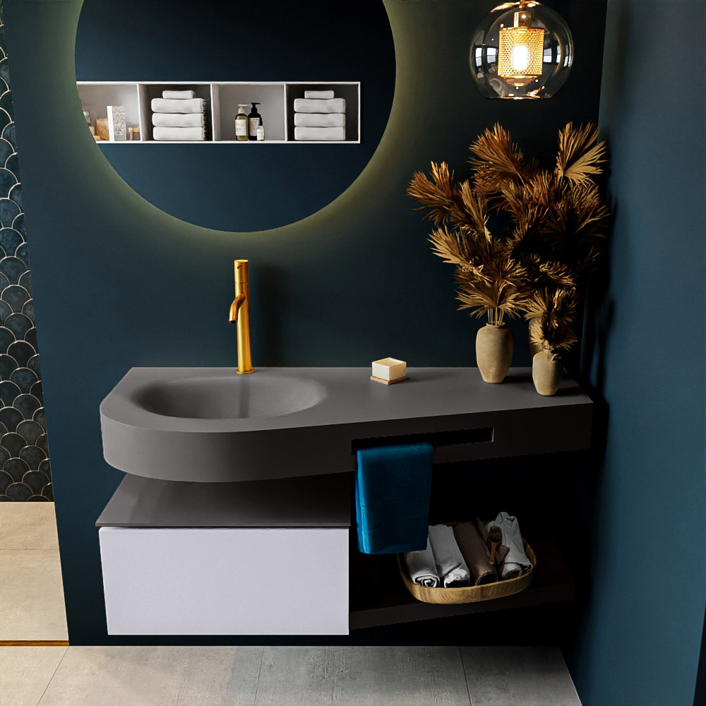 MONDIAZ RIVA 120cm badmeubel onderkast / planchet kleur Cale met 1 lade. Wastafel DULCET links 1 kraangat kleur Dark_Grey.