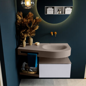 MONDIAZ RIVA 100cm badmeubel onderkast / planchet kleur Cale met 1 lade. Wastafel DULCET rechts 0 kraangaten kleur Smoke.