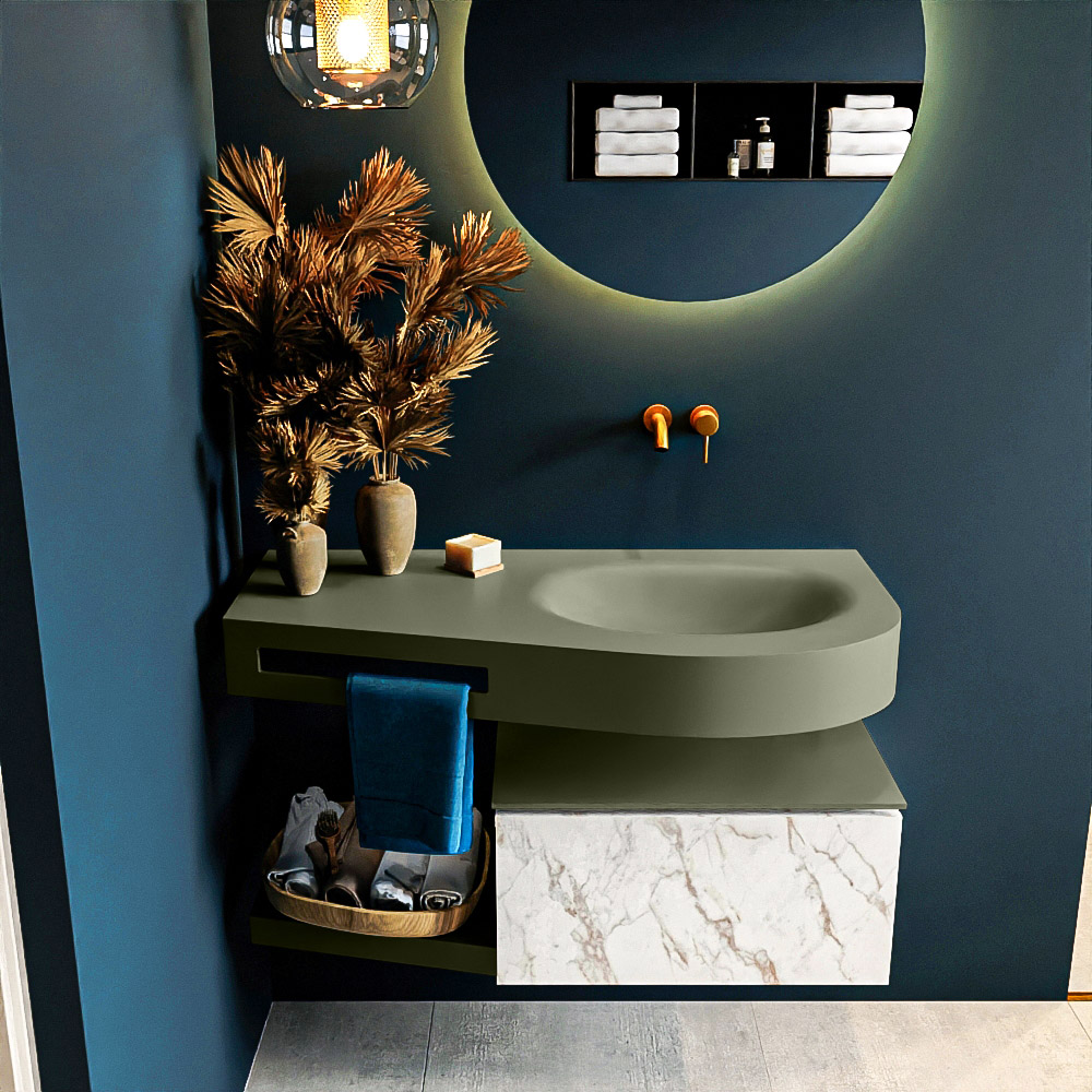 MONDIAZ RIVA 100cm badmeubel onderkast / planchet kleur carrara met 1 lade. Wastafel DULCET rechts 0 kraangaten kleur Army.