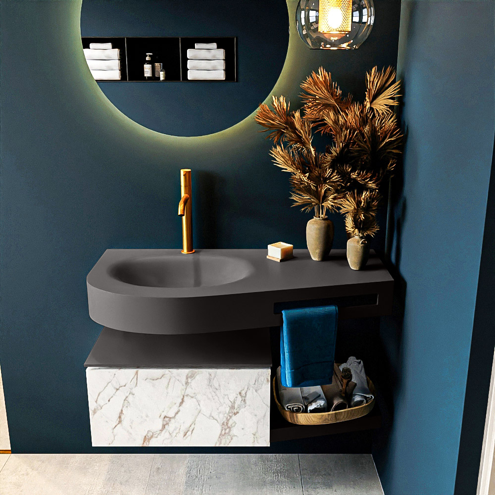 MONDIAZ RIVA 100cm badmeubel onderkast / planchet kleur carrara met 1 lade. Wastafel DULCET links 1 kraangat kleur Dark_Grey.