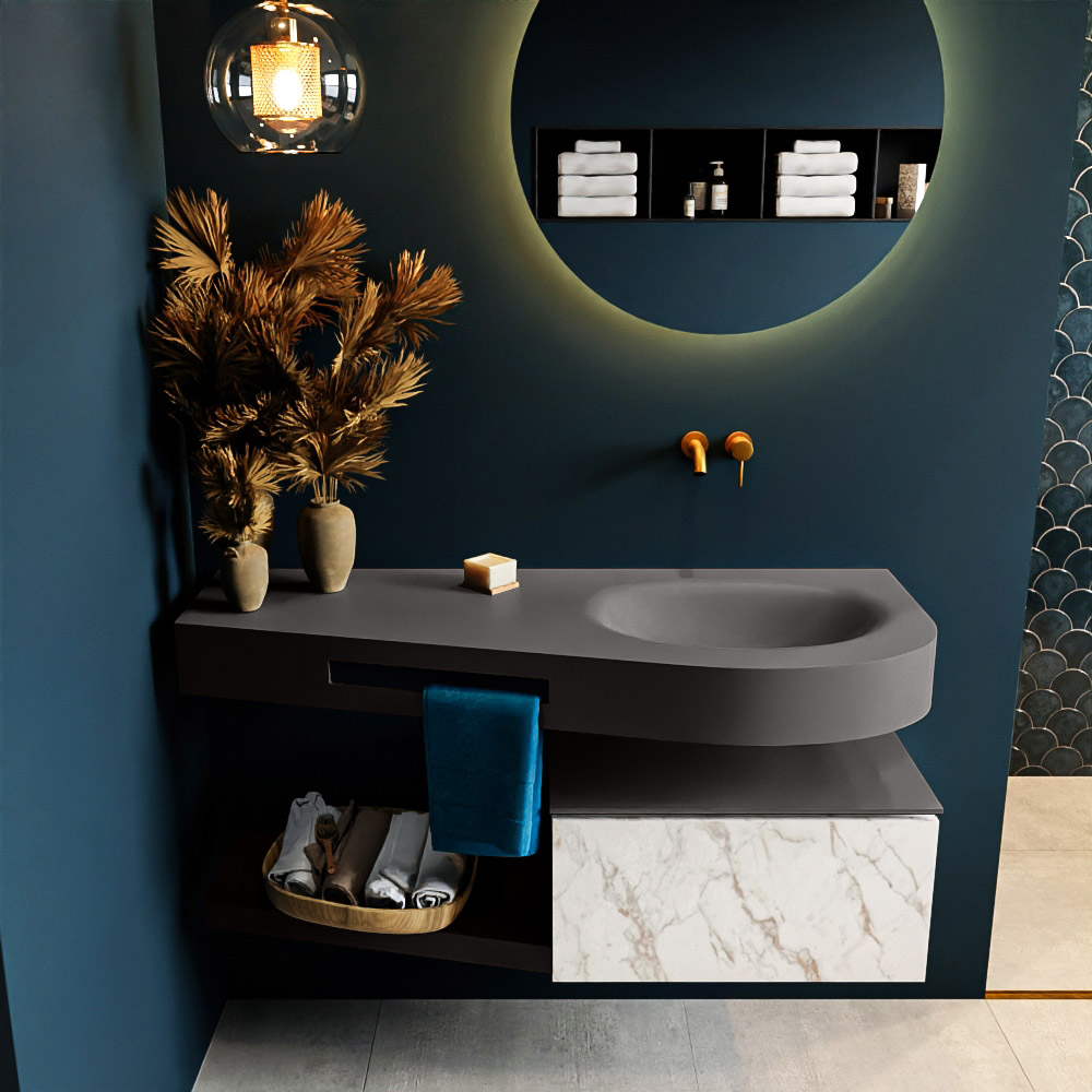 MONDIAZ RIVA 120cm badmeubel onderkast / planchet kleur carrara met 1 lade. Wastafel DULCET rechts 0 kraangaten kleur Dark_Grey.