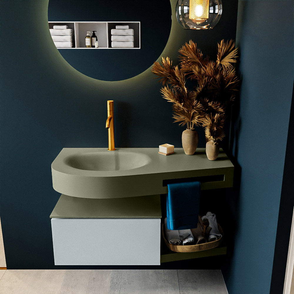 MONDIAZ RIVA 100cm badmeubel onderkast / planchet kleur Clay met 1 lade. Wastafel DULCET links 1 kraangat kleur Army.