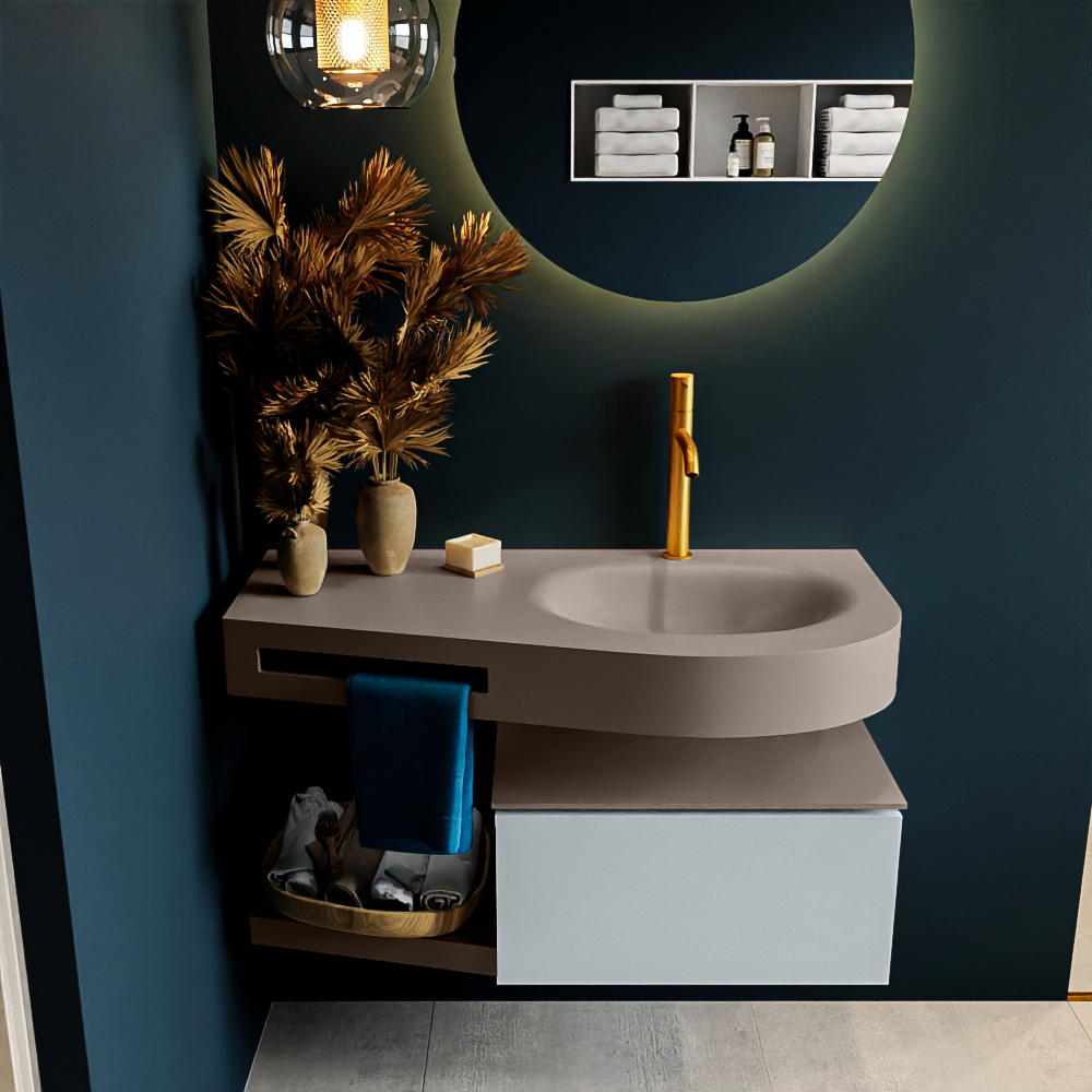 MONDIAZ RIVA 100cm badmeubel onderkast / planchet kleur Clay met 1 lade. Wastafel DULCET rechts 1 kraangat kleur Smoke.
